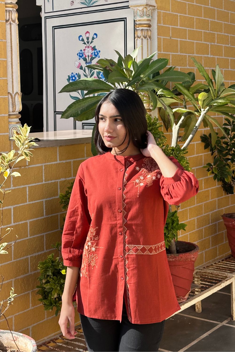 Rust Cotton Flex Embroidered Women Short Kurti Top