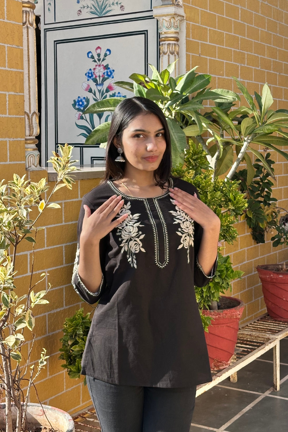 Black Cotton Flex Floral Embroidered Women Short Kurti Top