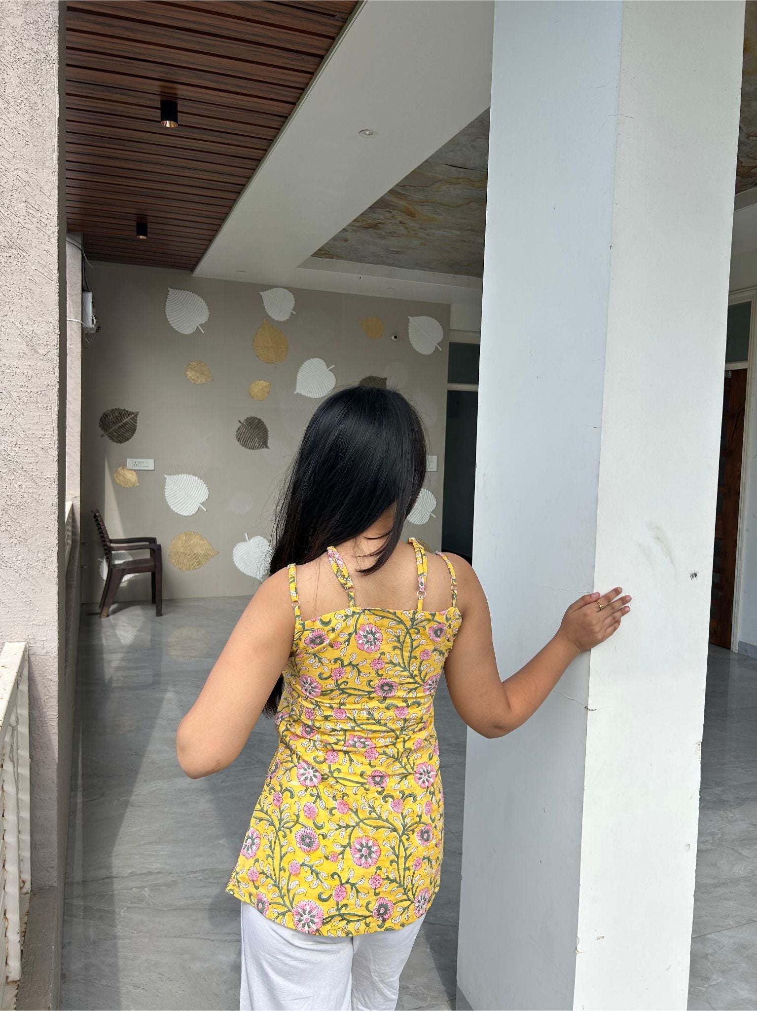 Yellow Drop Neck Kurti with Adjustable Straps for Women