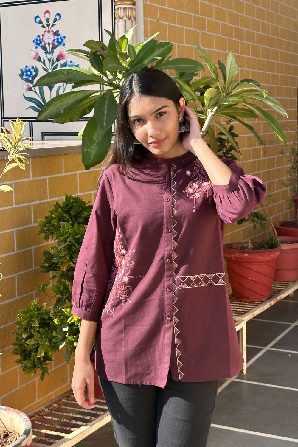 Wine Cotton Flex Embroidered Women Short Kurti Top