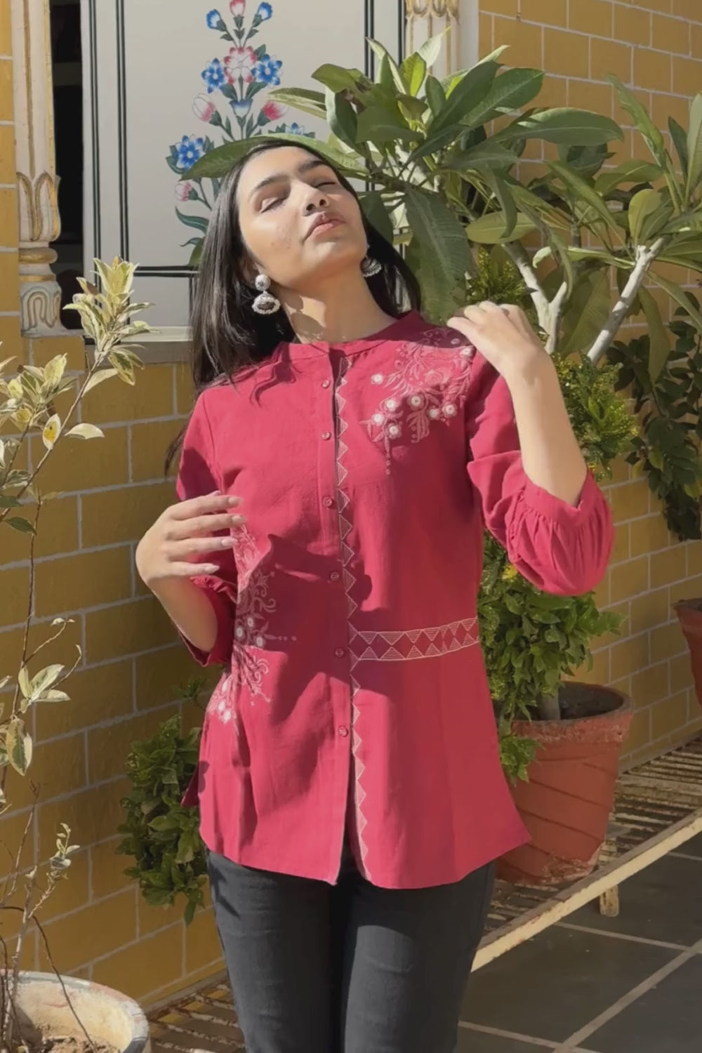 Rani Pink Cotton Flex Embroidered Women Short Kurti Top