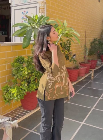 Olive Cotton Flex Kurti With Elegant Beige Nature Print