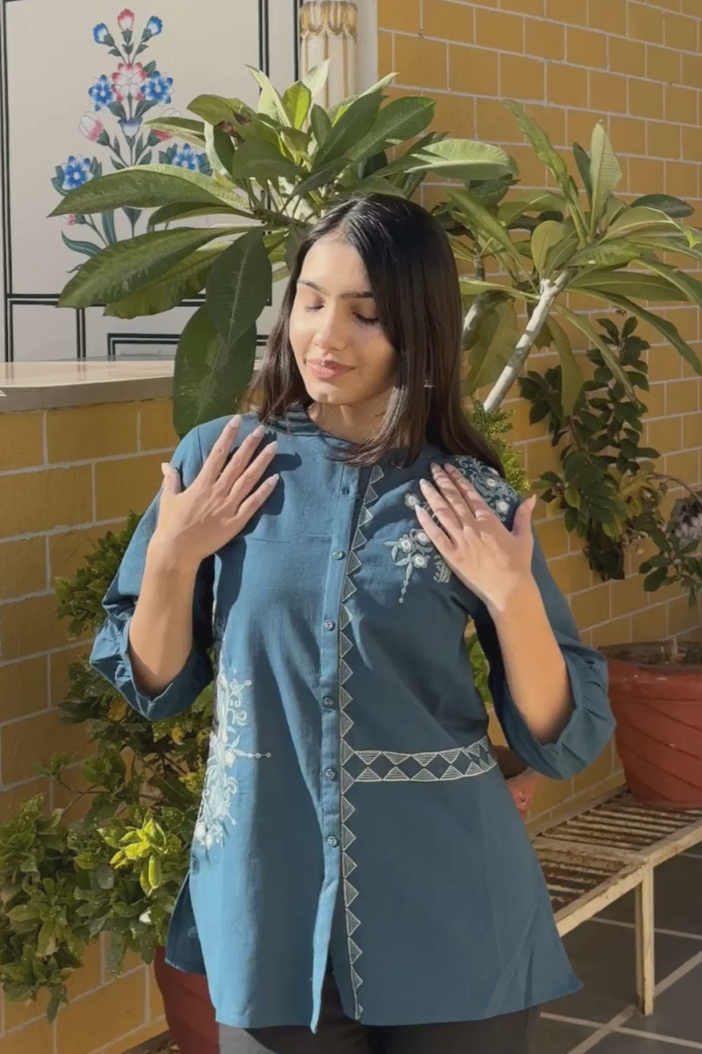 Teal Blue Cotton Flex Embroidered Women Short Kurti Top