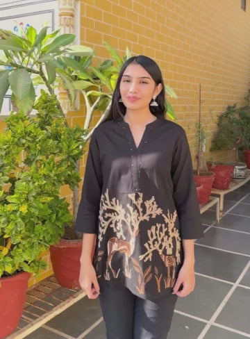 Black Cotton Flex Kurti With Elegant Beige Nature Print