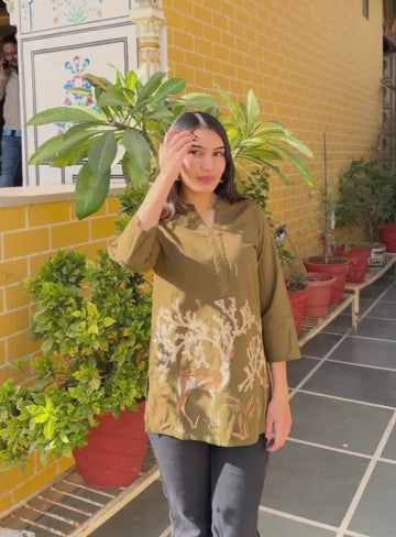 Olive Cotton Flex Kurti With Elegant Beige Nature Print