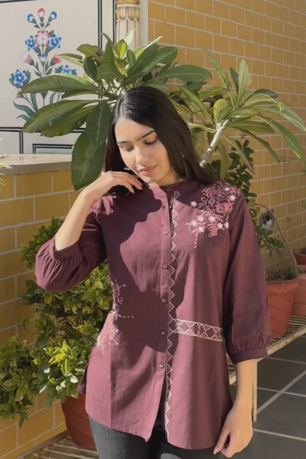 Wine Cotton Flex Embroidered Women Short Kurti Top