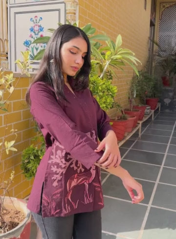 Wine Cotton Flex Kurti With Elegant Blush Nature Print