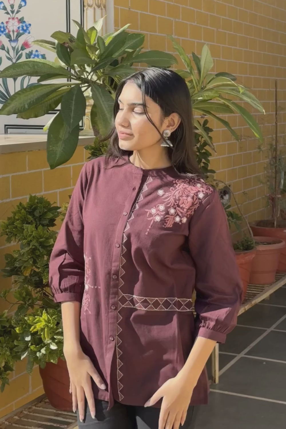 Wine Cotton Flex Embroidered Women Short Kurti Top