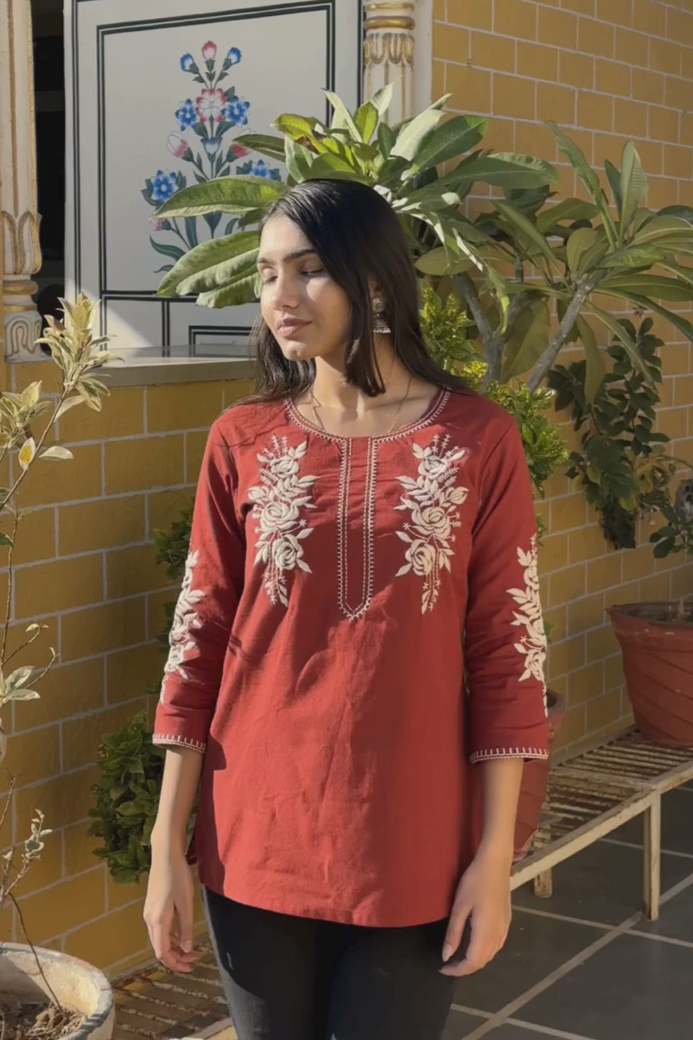 Rust Cotton Flex Floral Embroidered Women Short Kurti Top