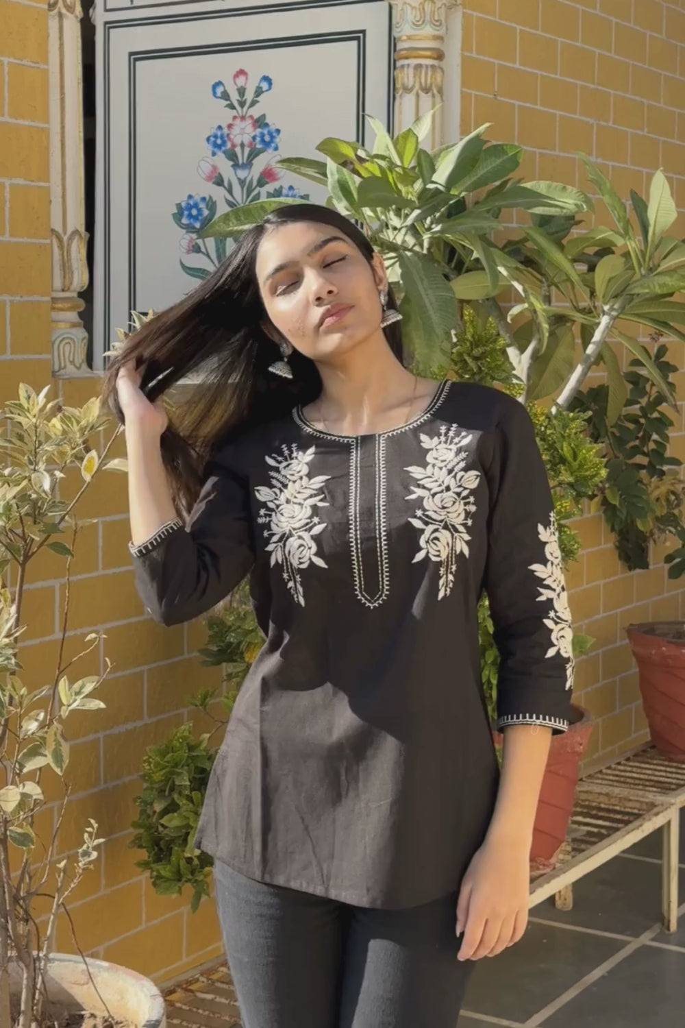 Black Cotton Flex Floral Embroidered Women Short Kurti Top