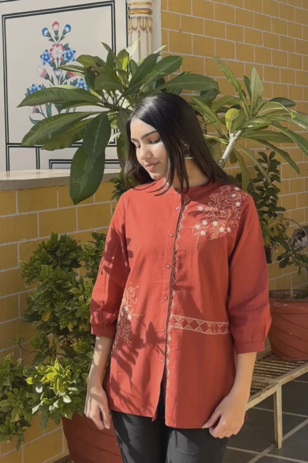 Rust Cotton Flex Embroidered Women Short Kurti Top