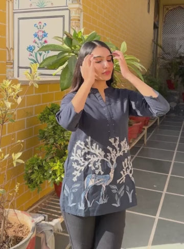 Black Cotton Flex Kurti With Beige Tree Inspired Print